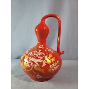 Lucky Red Oriental Vase Gourd Decor UNIQUE Chinese w/Painted Flowers